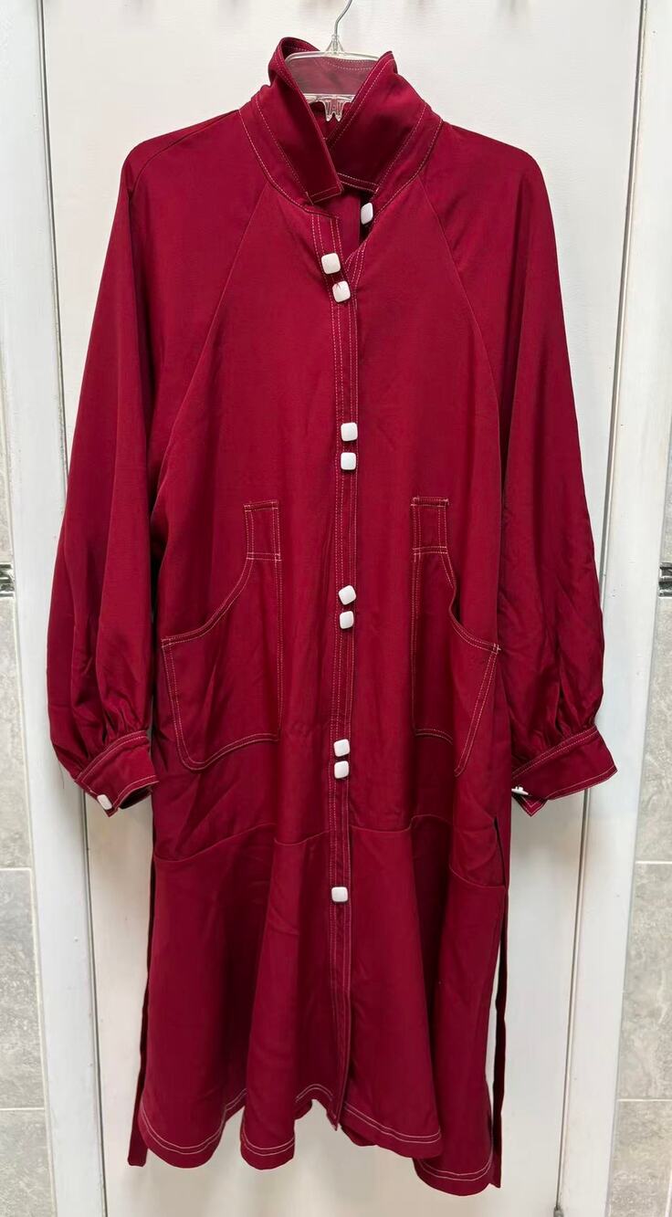 Burgundy Mock Neck Long Coat White Buttons Contrast Topstitch Streetwear XL